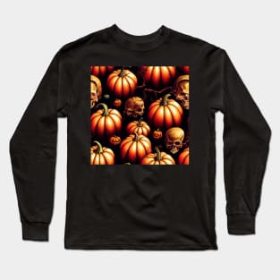 Pumpkins and Skulls Seamless Tile Pattern - Scary Halloween Long Sleeve T-Shirt